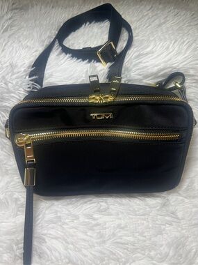 Tumi Black Nylon Crossbody with Gold Accents